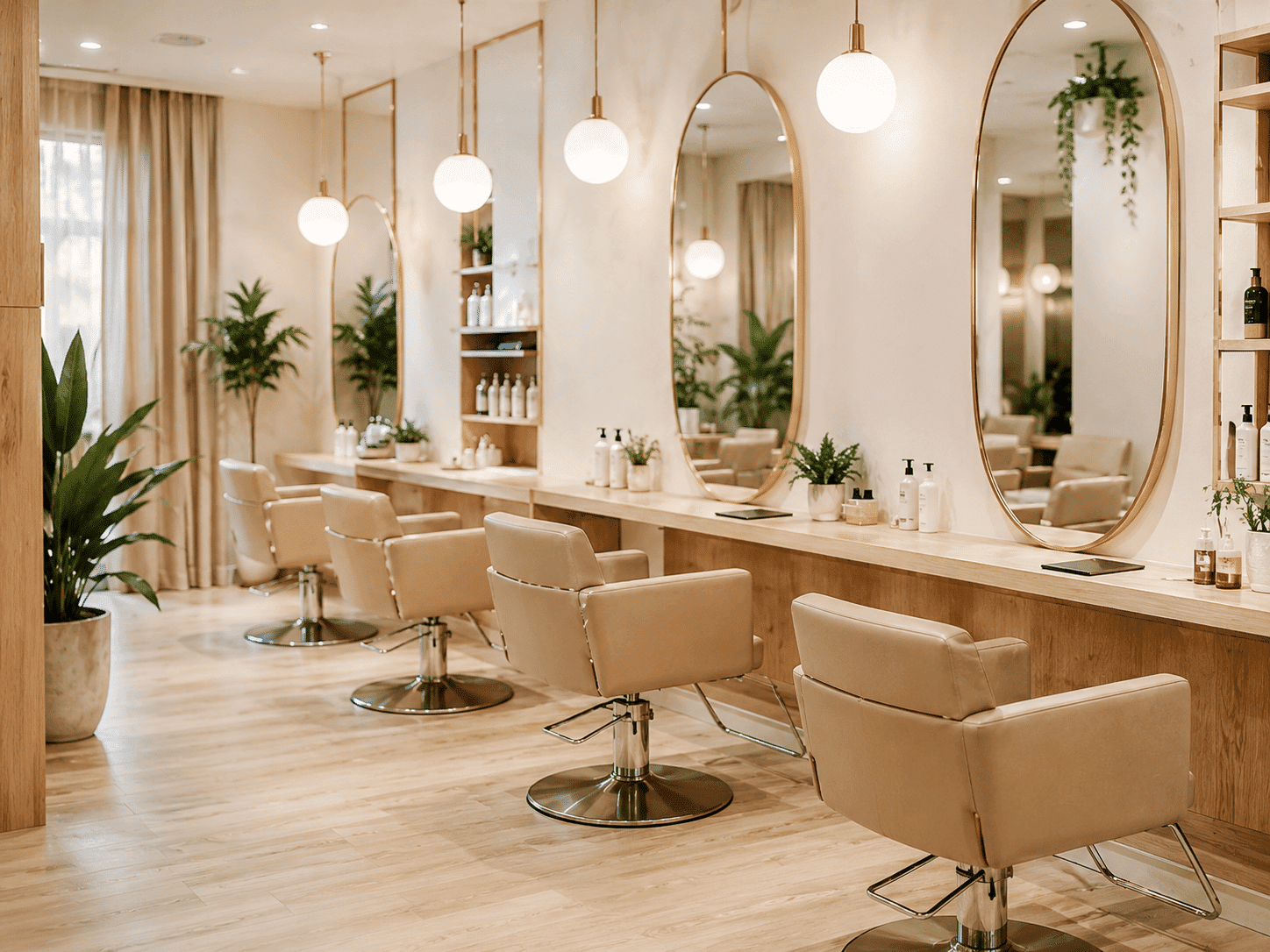 Modern salon interior with round mirrors, beige chairs, and hanging lights.